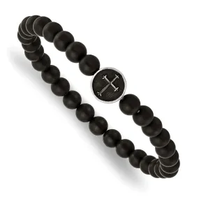 Stainless Steel Antiqued & Polished Black Agate Cross Stretch Bracelet