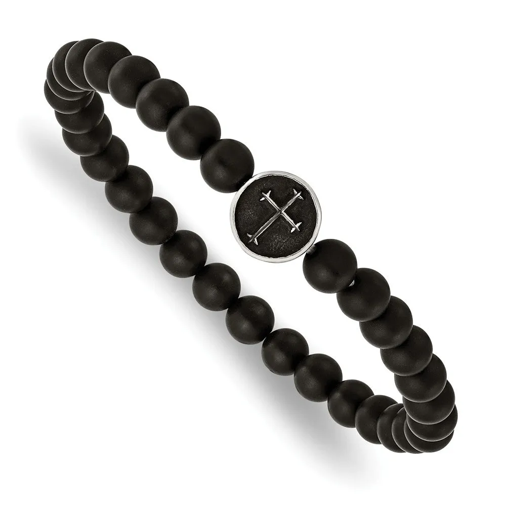 Stainless Steel Antiqued & Polished Black Agate Cross Stretch Bracelet