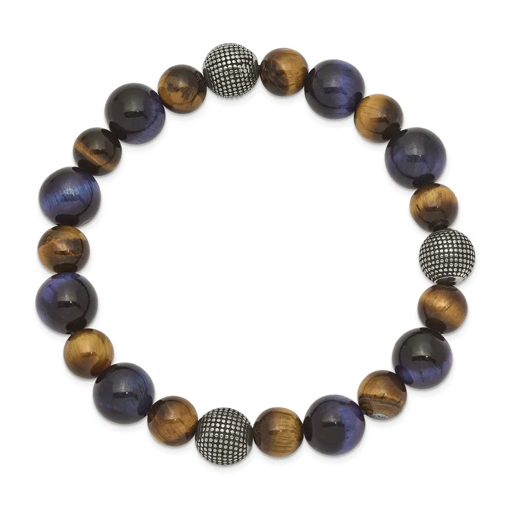 Stainless Steel Antiqued & Polished Brown/Blue Tiger's Eye Stretch Bracelet
