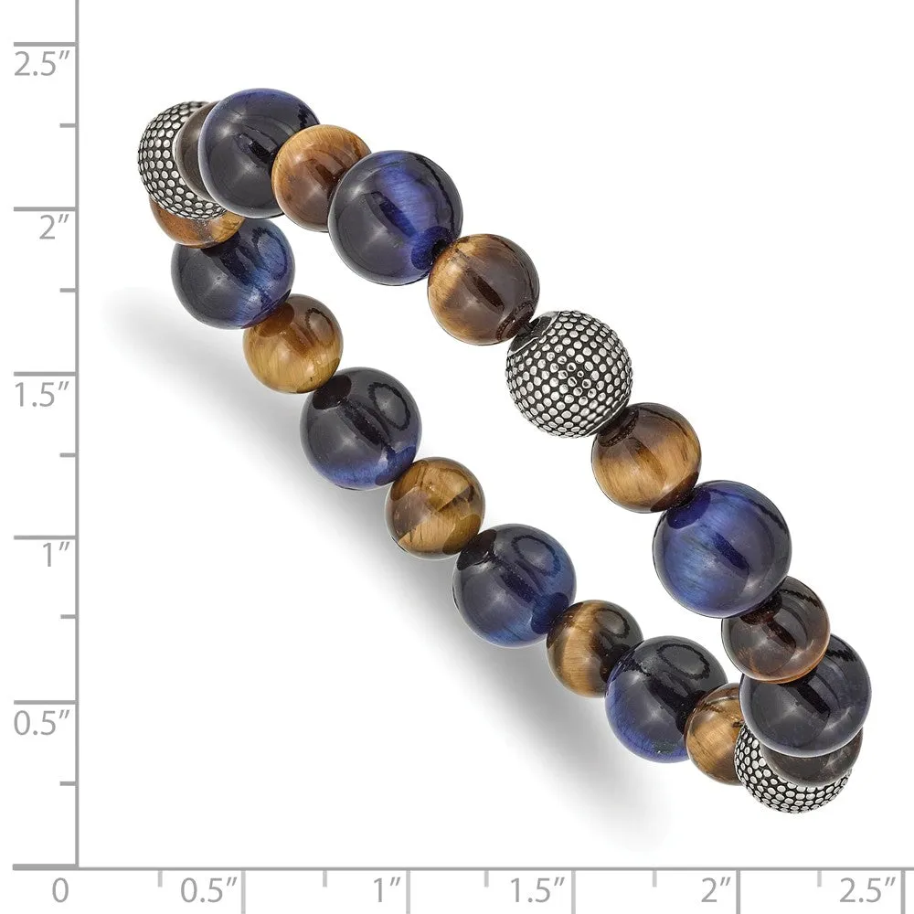 Stainless Steel Antiqued & Polished Brown/Blue Tiger's Eye Stretch Bracelet