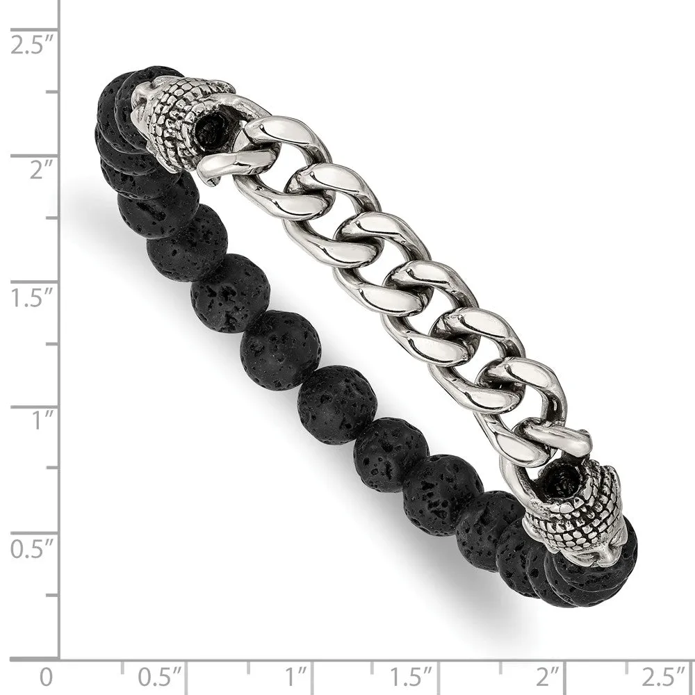 Stainless Steel Antiqued & Polished Buddha Lava Stone Beaded Stretch Bracel