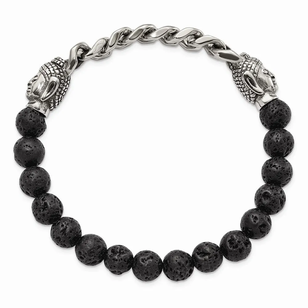 Stainless Steel Antiqued & Polished Buddha Lava Stone Beaded Stretch Bracel