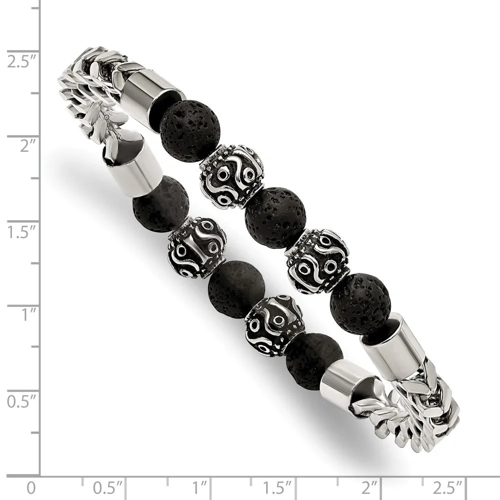 Stainless Steel Antiqued & Polished w/Lava Stone Beads Stretch Bracelet