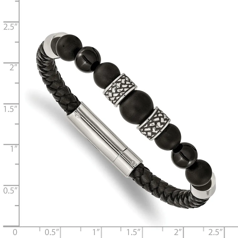 Stainless Steel Antiqued and Polished Black Agate Leather 8.25in Bracelet
