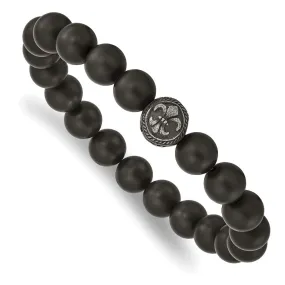 Stainless Steel Antiqued Black Agate Fleur de Lis Stretch Bracelet