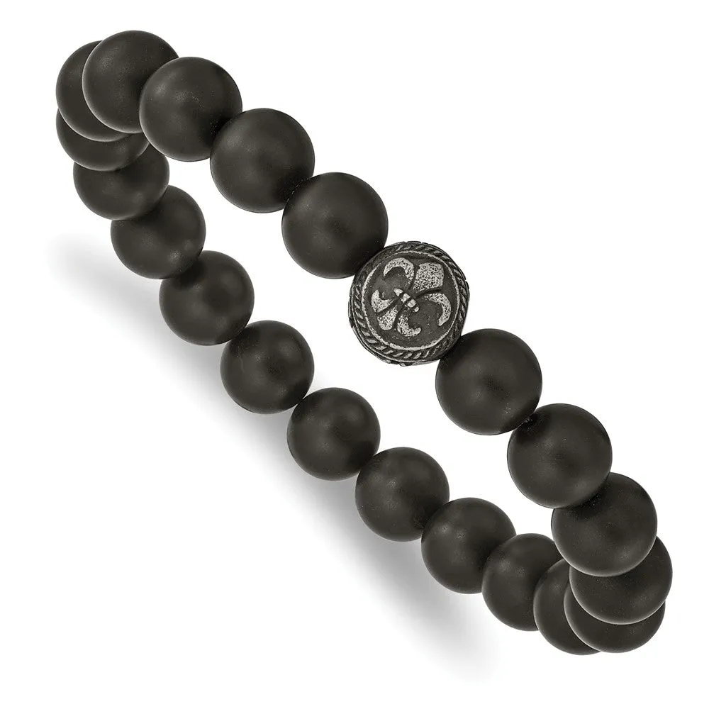 Stainless Steel Antiqued Black Agate Fleur de Lis Stretch Bracelet