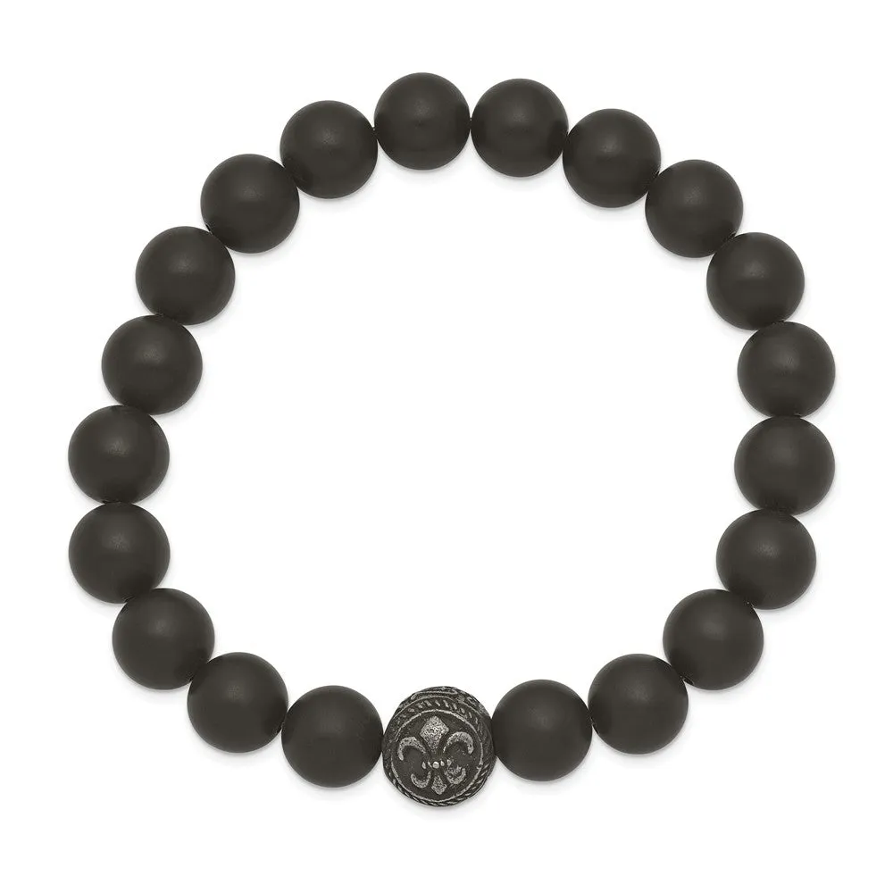 Stainless Steel Antiqued Black Agate Fleur de Lis Stretch Bracelet