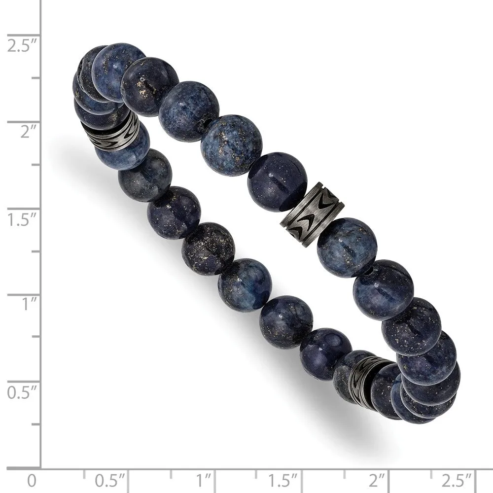 Stainless Steel Antiqued White Bronze-plated Lapis Beaded Stretch Bracelet