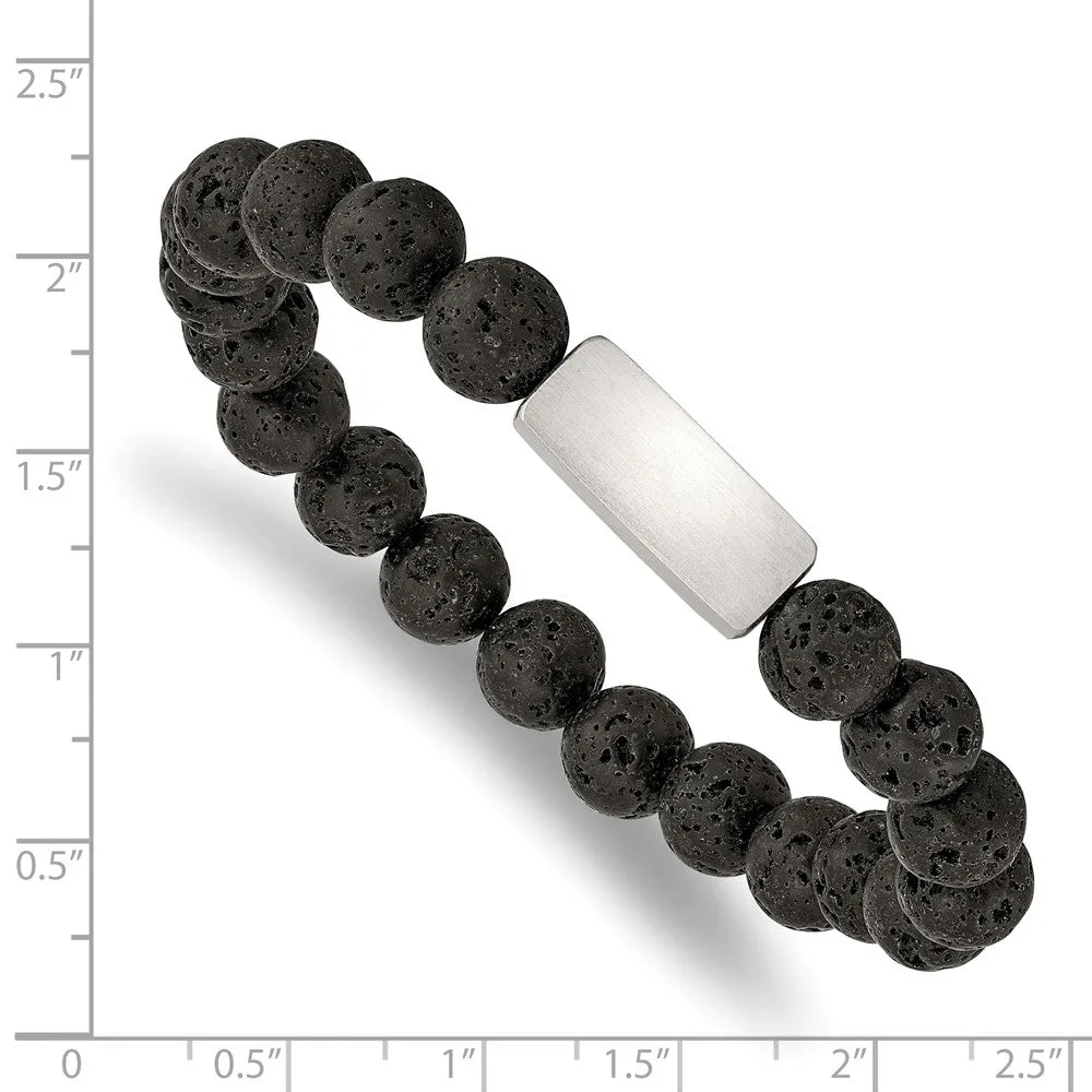 Stainless Steel Brushed ID Plate Black Lava Rock Bead Stretch Bracelet