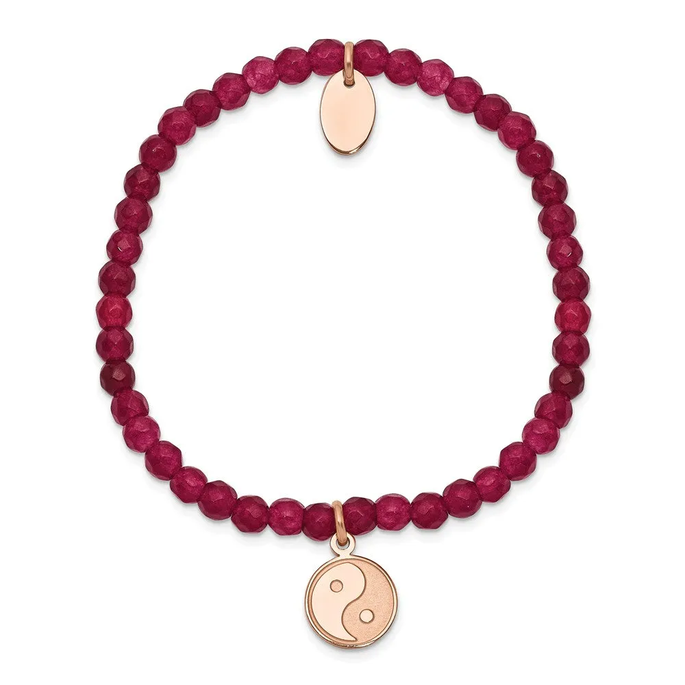 Stainless Steel Polished & Satin Rose IP YingYang Red Jade Stretch Bracelet