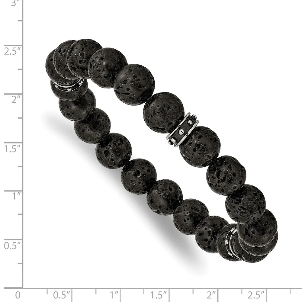 Stainless Steel Polished Black Enamel Lave Stone Beads Stretch Bracelet