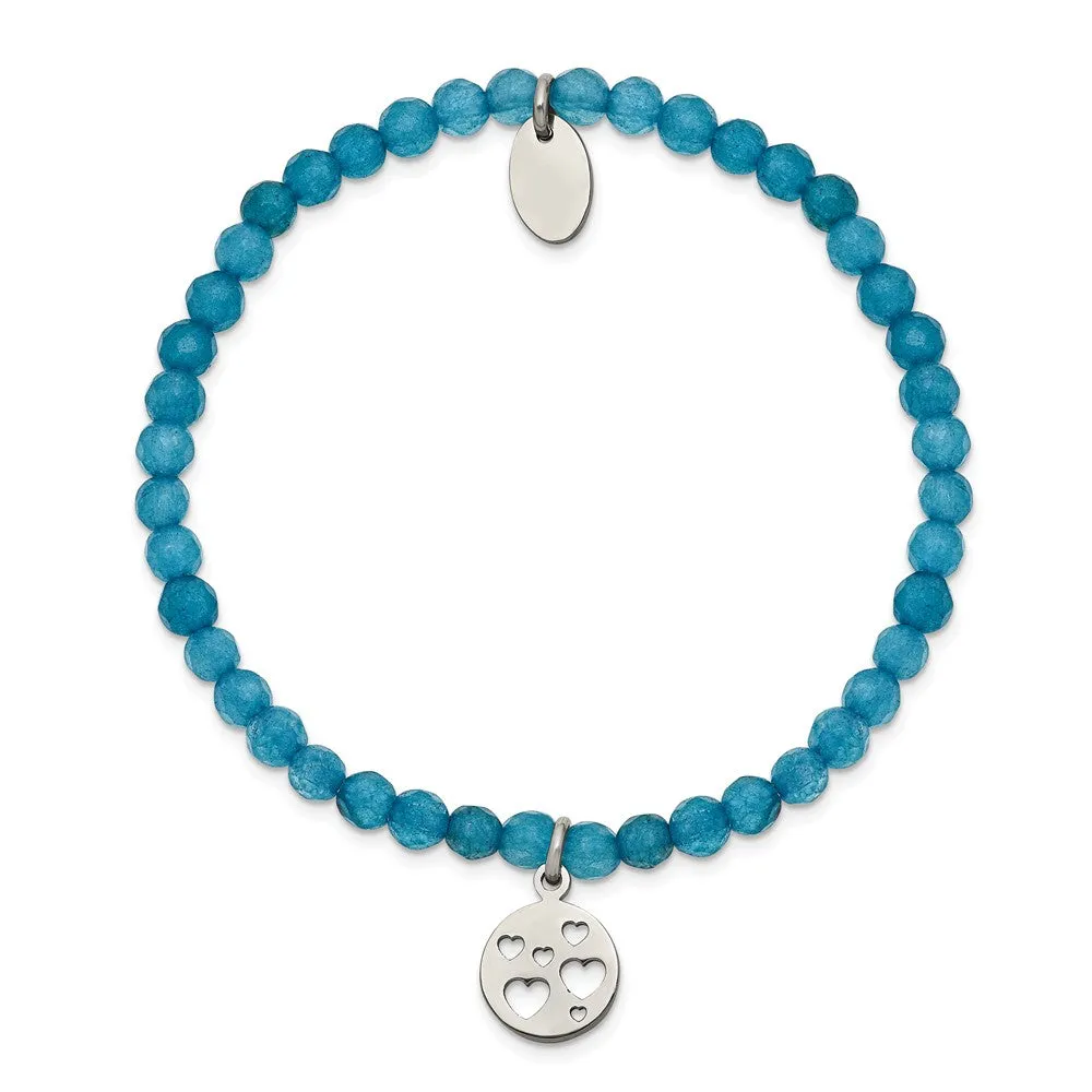 Stainless Steel Polished Hearts Blue Jade Beaded Stretch Bracelet