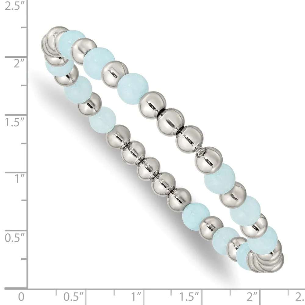 Stainless Steel Polished Light Blue Quartz Beaded Stretch Bracelet