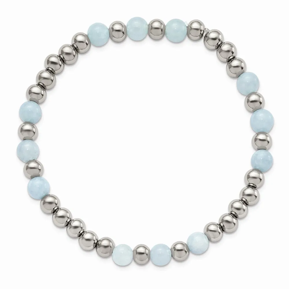 Stainless Steel Polished Light Blue Quartz Beaded Stretch Bracelet