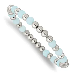 Stainless Steel Polished Light Blue Quartz Beaded Stretch Bracelet
