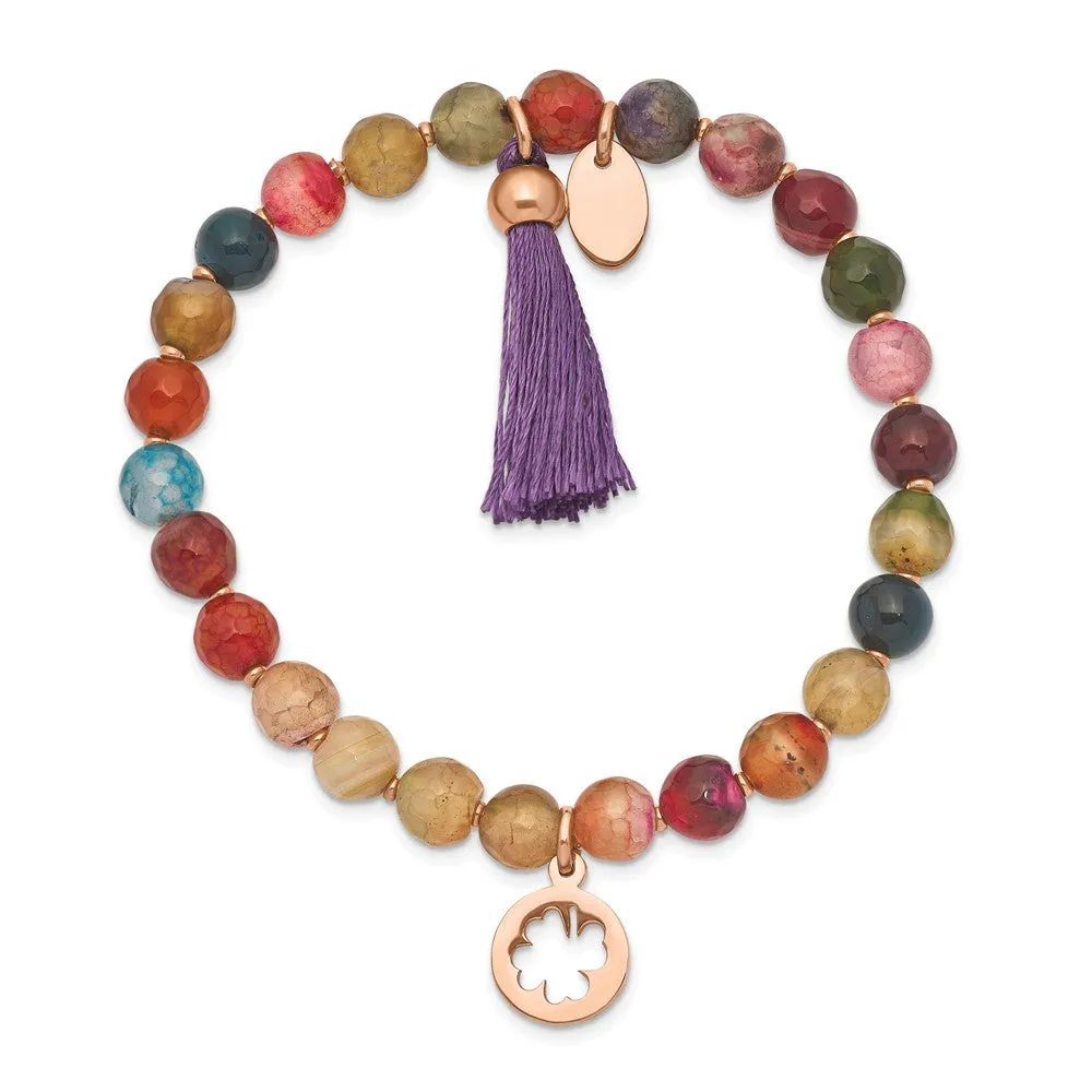 Stainless Steel Polished Rose IP Clover Multi Color Agate Stretch Bracelet