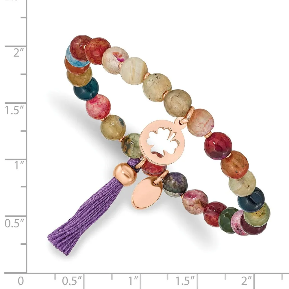 Stainless Steel Polished Rose IP Clover Multi Color Agate Stretch Bracelet