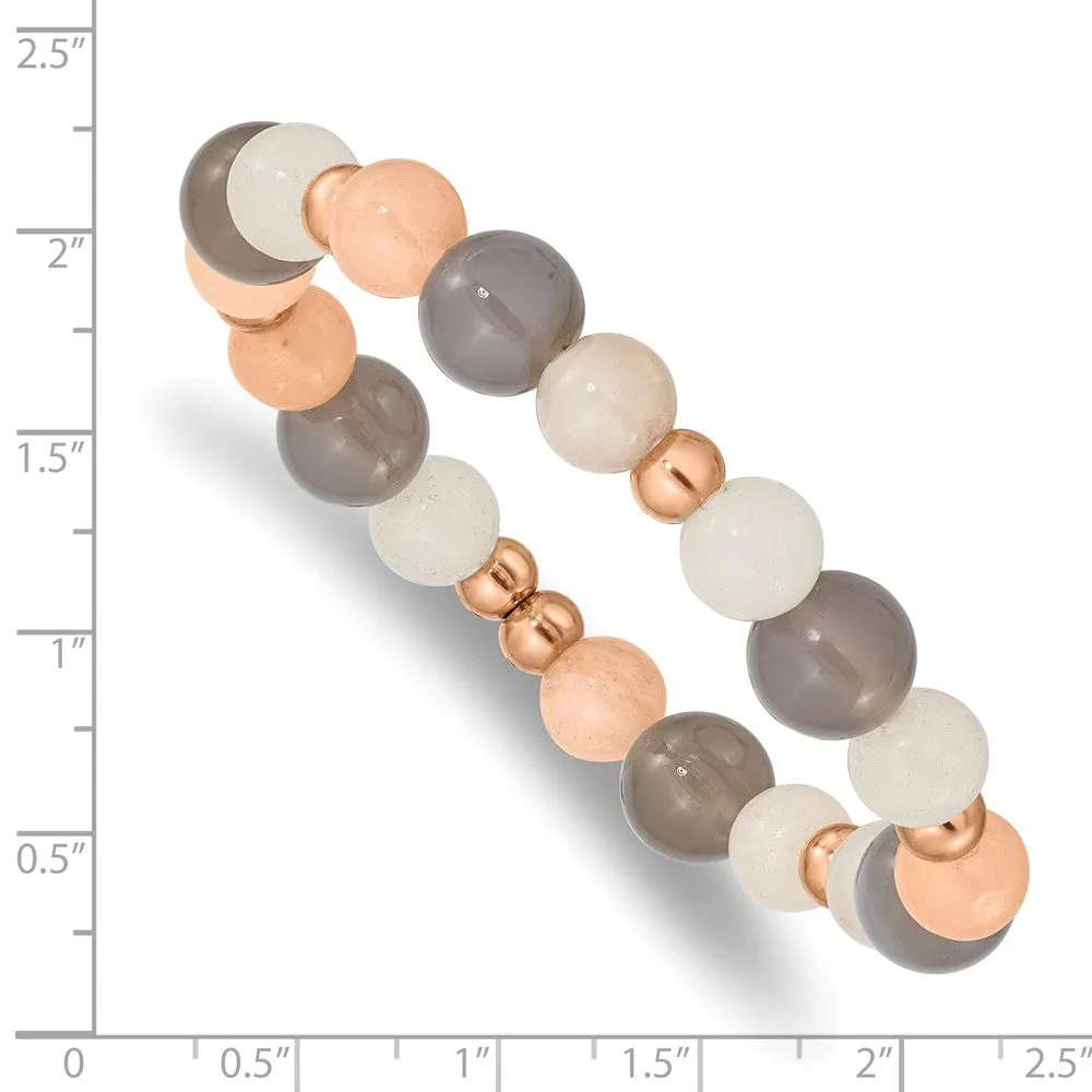 Stainless Steel Polished Rose IP Grey Agate Pink/White Aventurine Bracelet