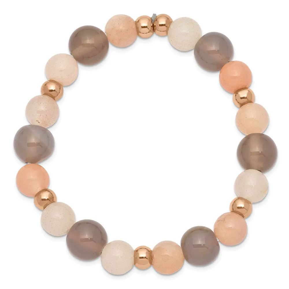 Stainless Steel Polished Rose IP Grey Agate Pink/White Aventurine Bracelet