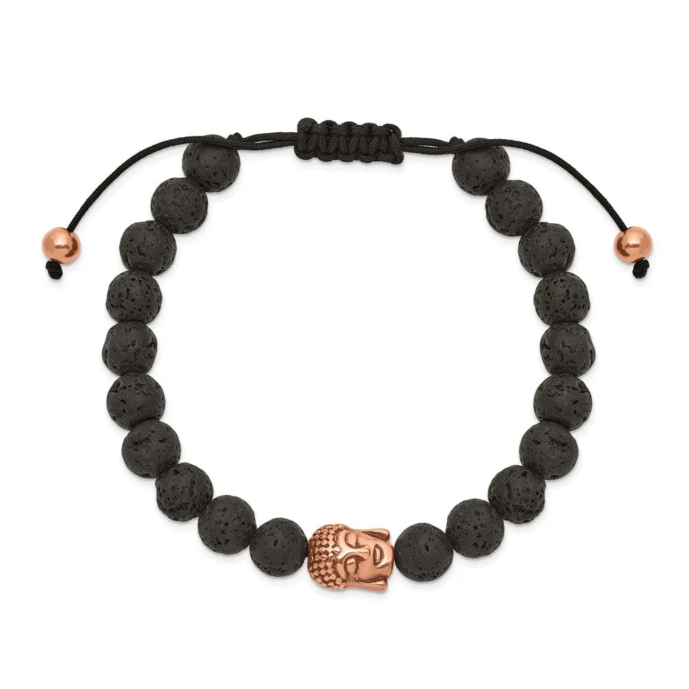 Stainless Steel Polished Rose IP Lava Stone Buddha Adjustable Bracelet