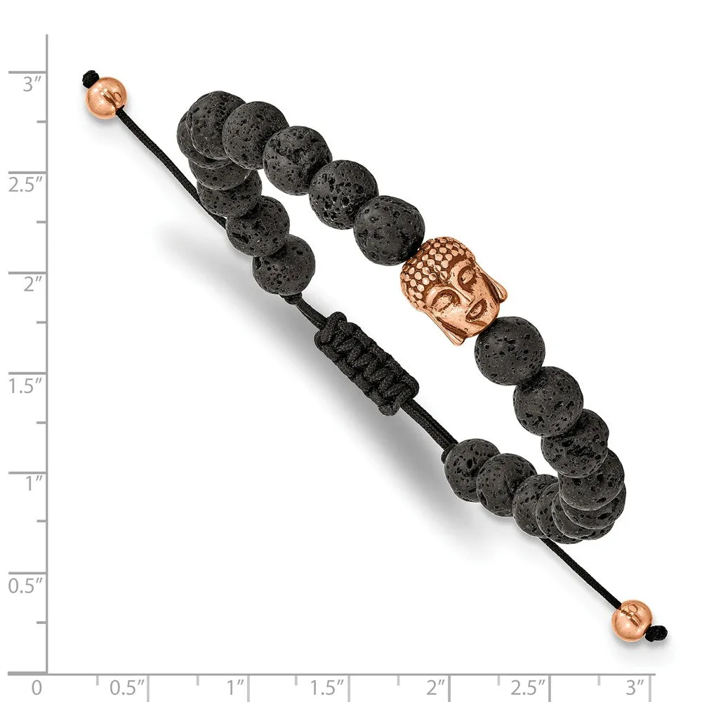 Stainless Steel Polished Rose IP Lava Stone Buddha Adjustable Bracelet