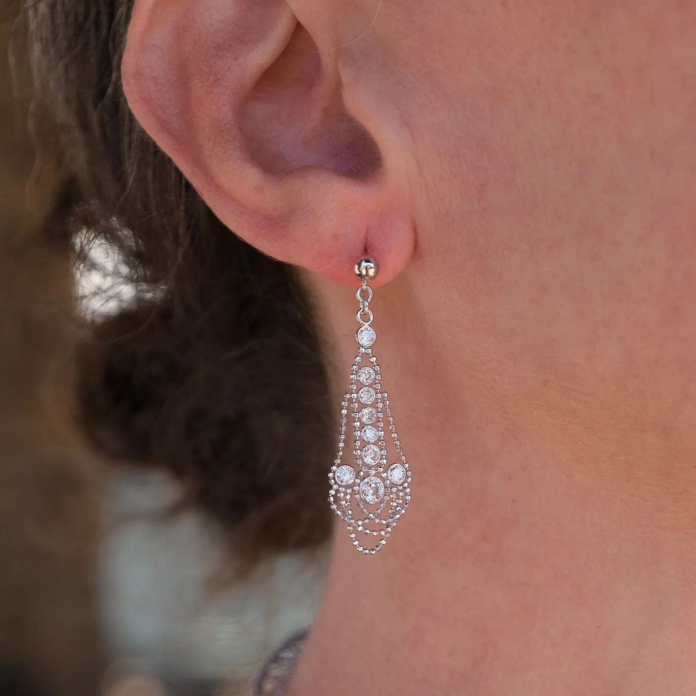 Sterling Silver Woven Lace with CZ Earrings