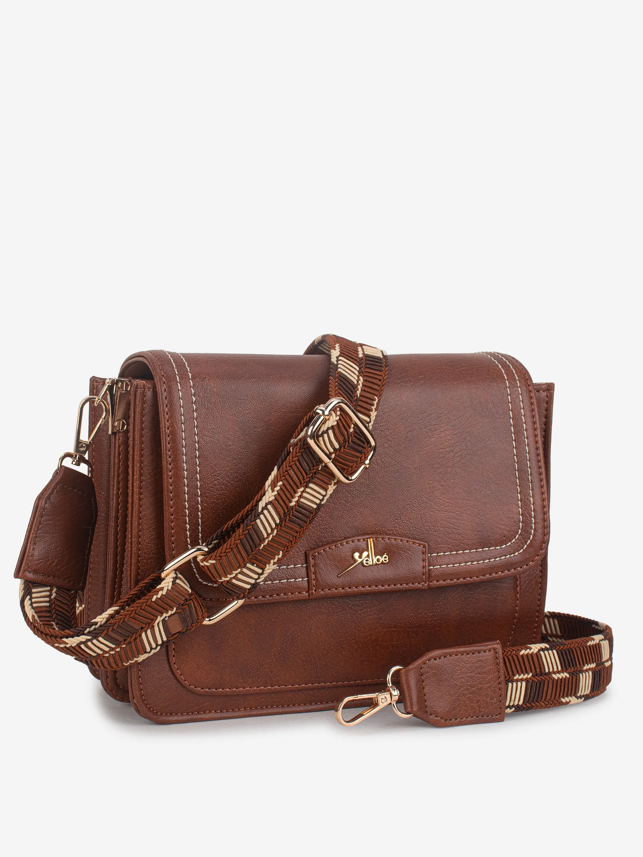 Tan Multicompartment Sling Bag For Women