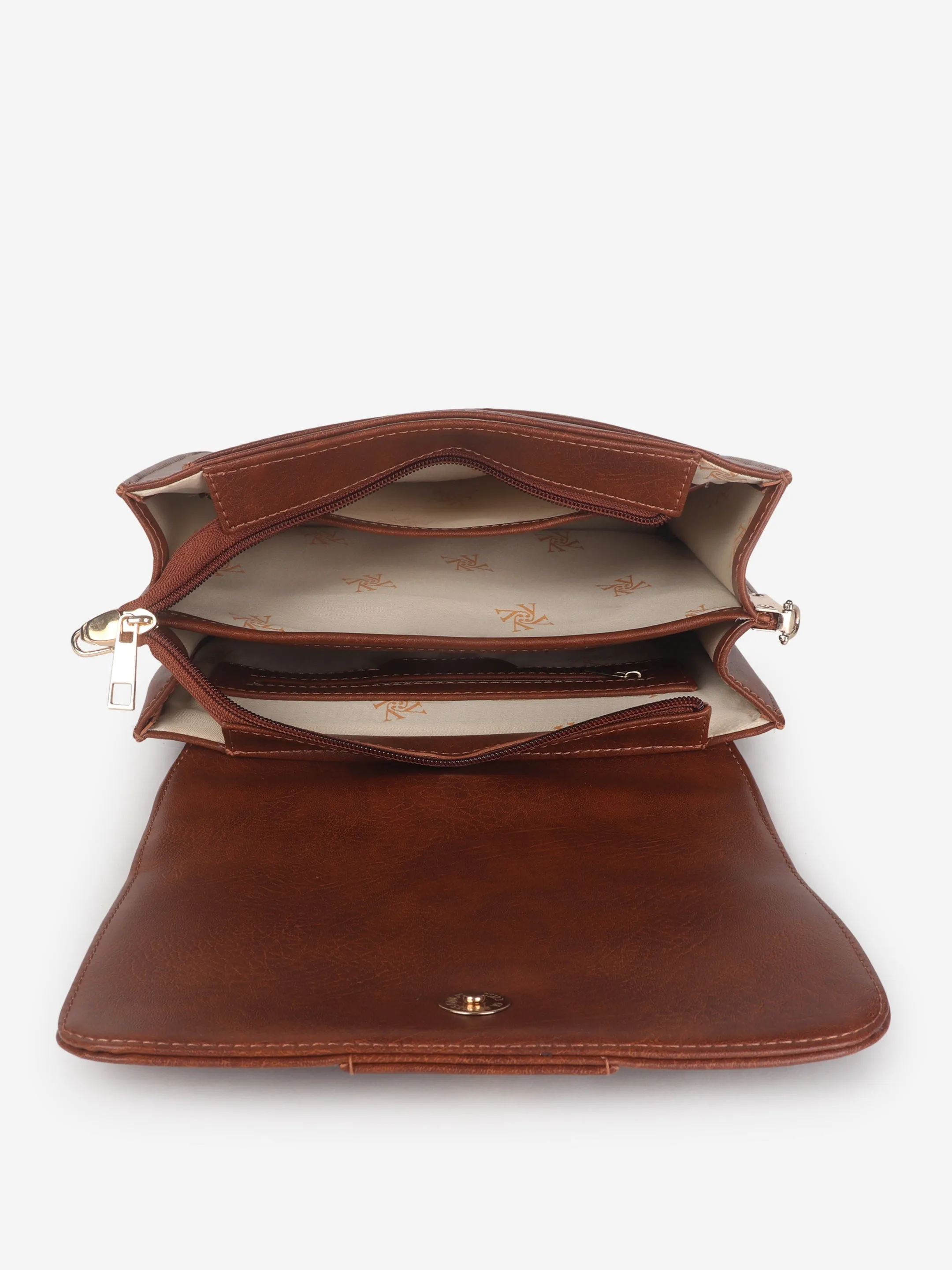 Tan Multicompartment Sling Bag For Women