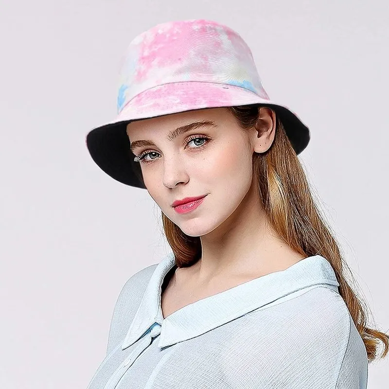 Unisex Summer Bucket Hat for Women Men Cotton Reversible Double-Side-Wear Tie Dye Bucket Hats Fisherman Beach Sun Cap for Outdoor Activities/Travelling Pink