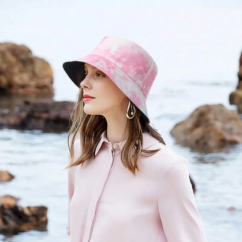 Unisex Summer Bucket Hat for Women Men Cotton Reversible Double-Side-Wear Tie Dye Bucket Hats Fisherman Beach Sun Cap for Outdoor Activities/Travelling Pink