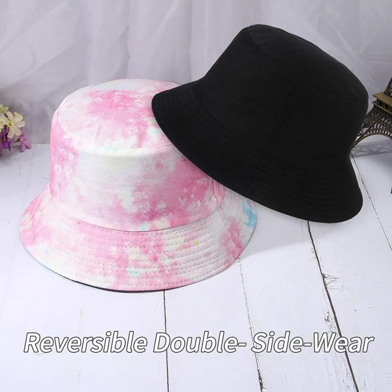 Unisex Summer Bucket Hat for Women Men Cotton Reversible Double-Side-Wear Tie Dye Bucket Hats Fisherman Beach Sun Cap for Outdoor Activities/Travelling Pink