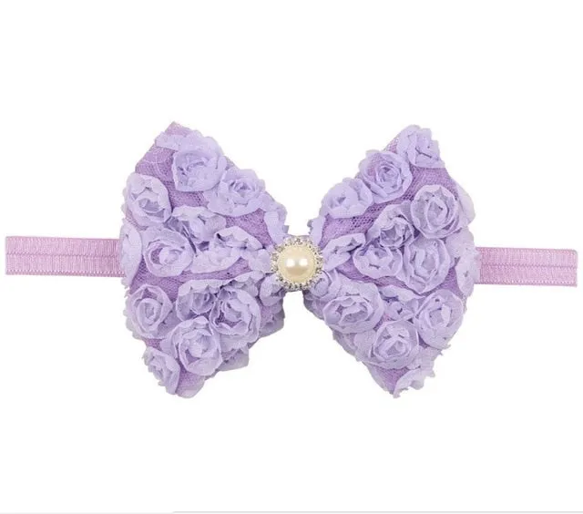 Vintage Girls Pearl Double Layer Rose Flowers Bowknot Headband Headwear Children Kids Hair Band Head Piece Accessories