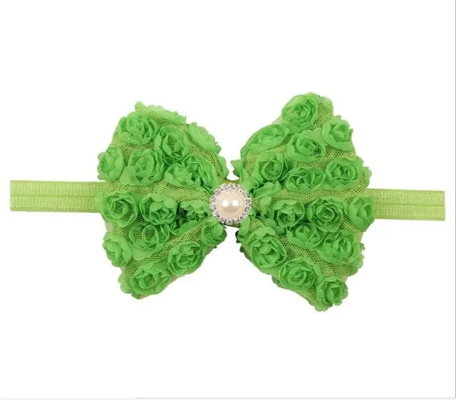 Vintage Girls Pearl Double Layer Rose Flowers Bowknot Headband Headwear Children Kids Hair Band Head Piece Accessories