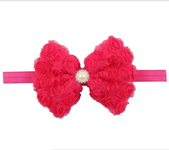 Vintage Girls Pearl Double Layer Rose Flowers Bowknot Headband Headwear Children Kids Hair Band Head Piece Accessories