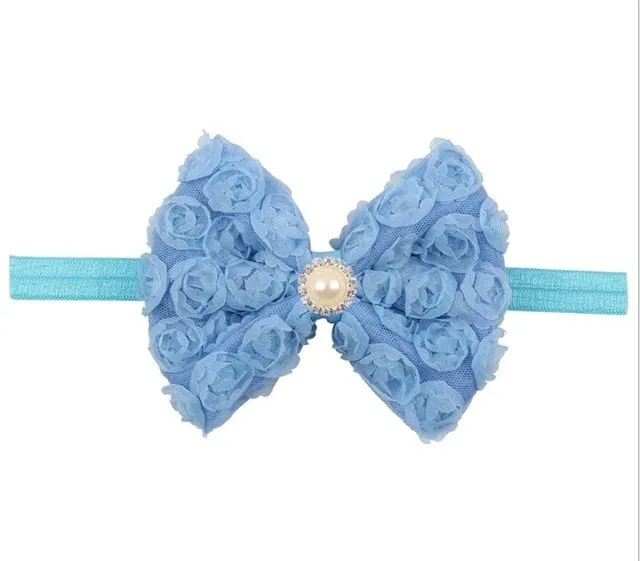 Vintage Girls Pearl Double Layer Rose Flowers Bowknot Headband Headwear Children Kids Hair Band Head Piece Accessories