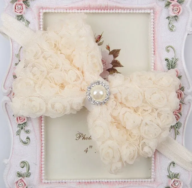 Vintage Girls Pearl Double Layer Rose Flowers Bowknot Headband Headwear Children Kids Hair Band Head Piece Accessories