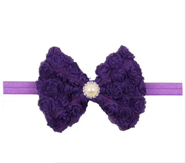 Vintage Girls Pearl Double Layer Rose Flowers Bowknot Headband Headwear Children Kids Hair Band Head Piece Accessories