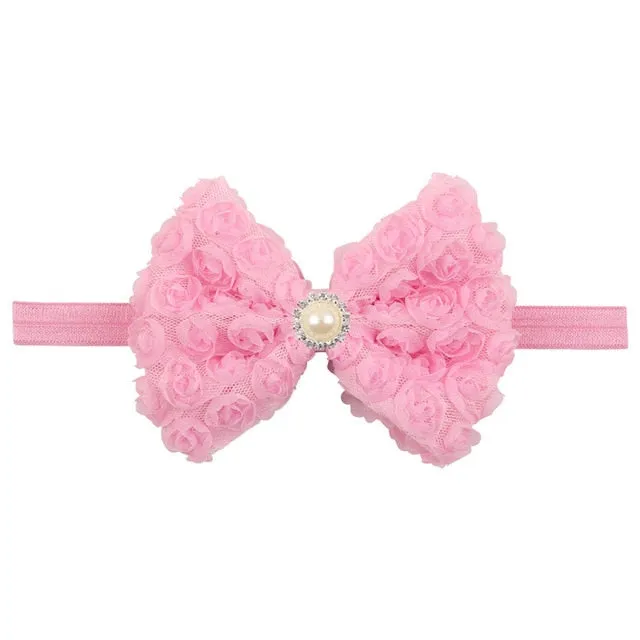 Vintage Girls Pearl Double Layer Rose Flowers Bowknot Headband Headwear Children Kids Hair Band Head Piece Accessories