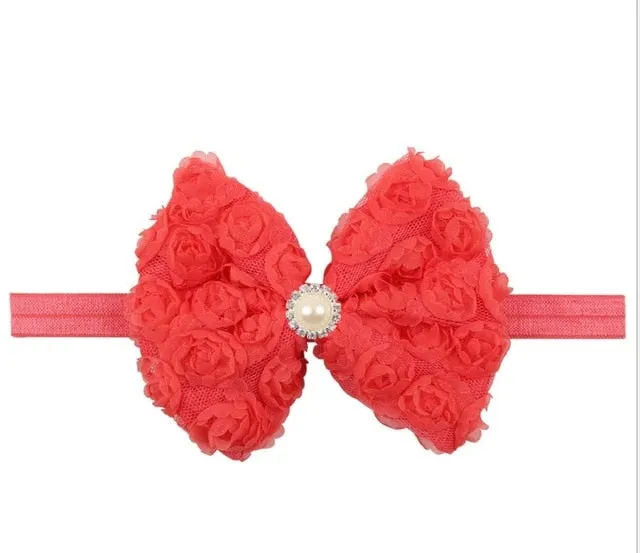 Vintage Girls Pearl Double Layer Rose Flowers Bowknot Headband Headwear Children Kids Hair Band Head Piece Accessories