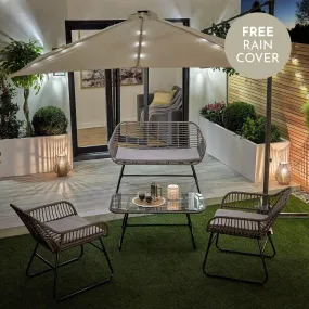 Wick Rattan Garden Sofa Set with Cream LED Premium Parasol – Light Grey
