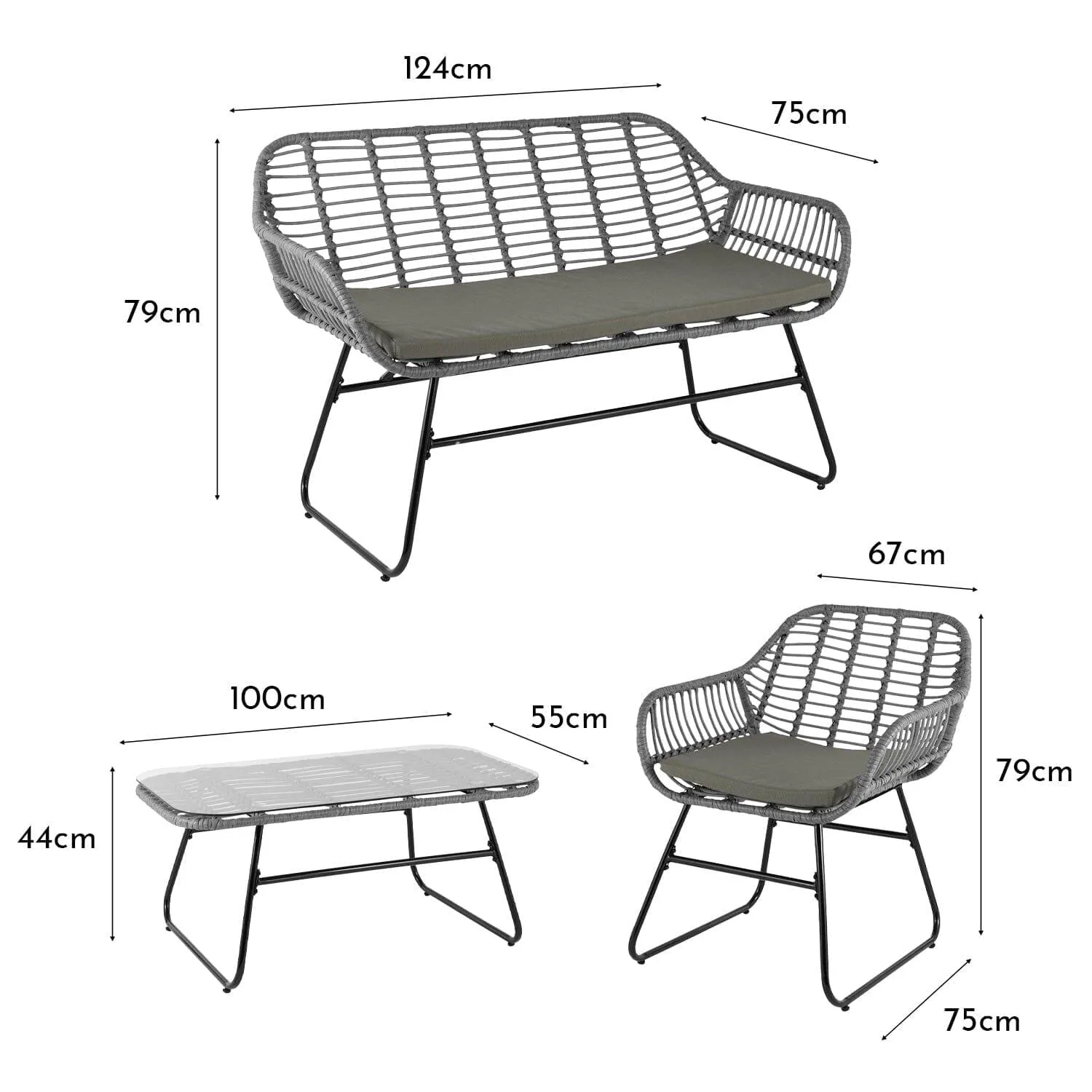 Wick Rattan Garden Sofa Set with Cream LED Premium Parasol – Light Grey
