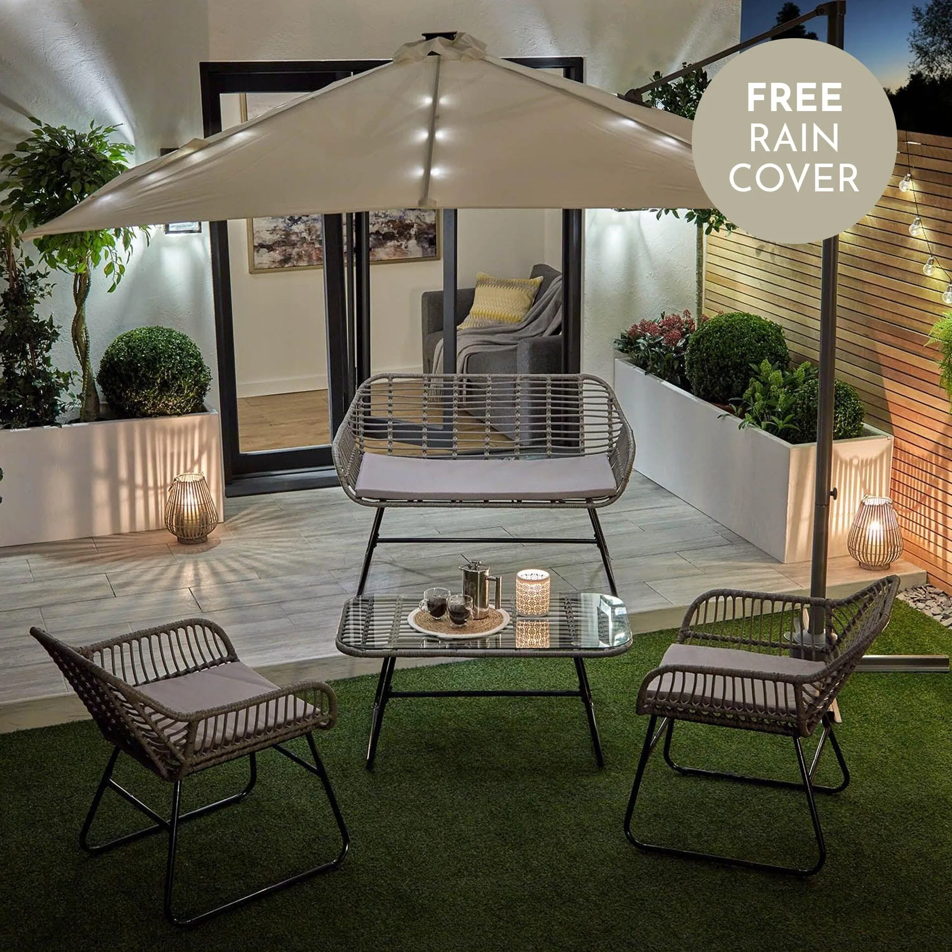 Wick Rattan Garden Sofa Set with Cream LED Premium Parasol – Light Grey