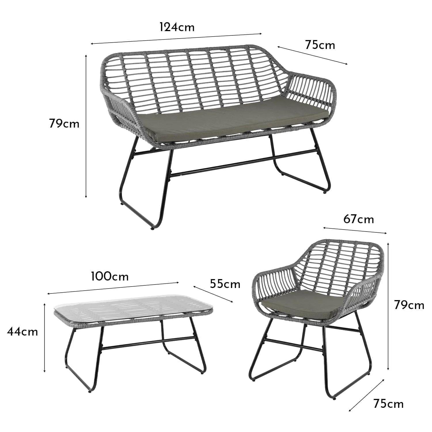 Wick Rattan Garden Sofa Set with Cream Parasol – Light Grey