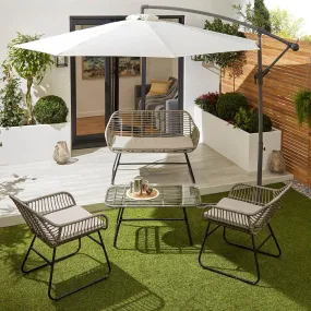 Wick Rattan Garden Sofa Set with Cream Parasol – Light Grey