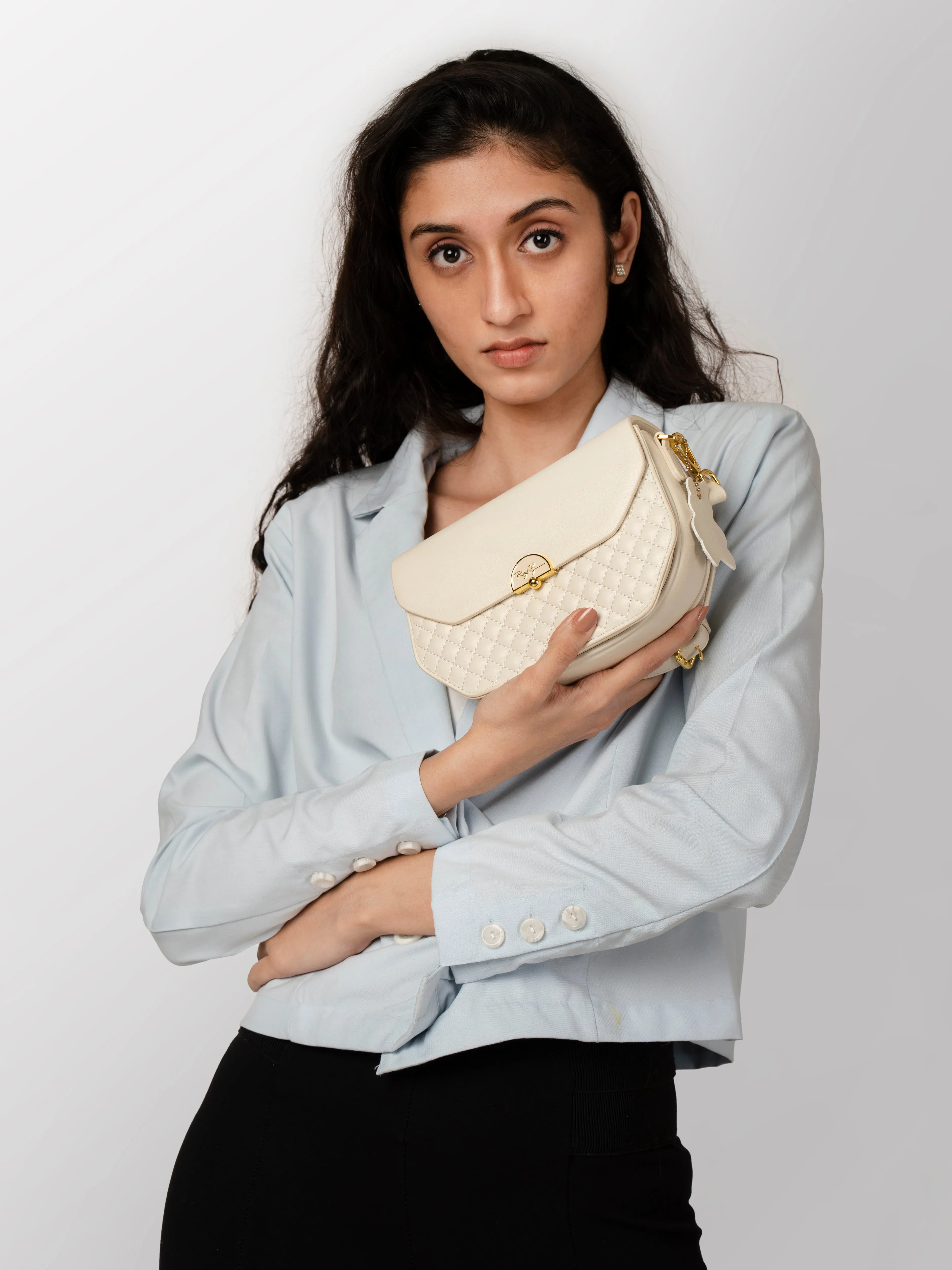 Women textured half white shoulder bag